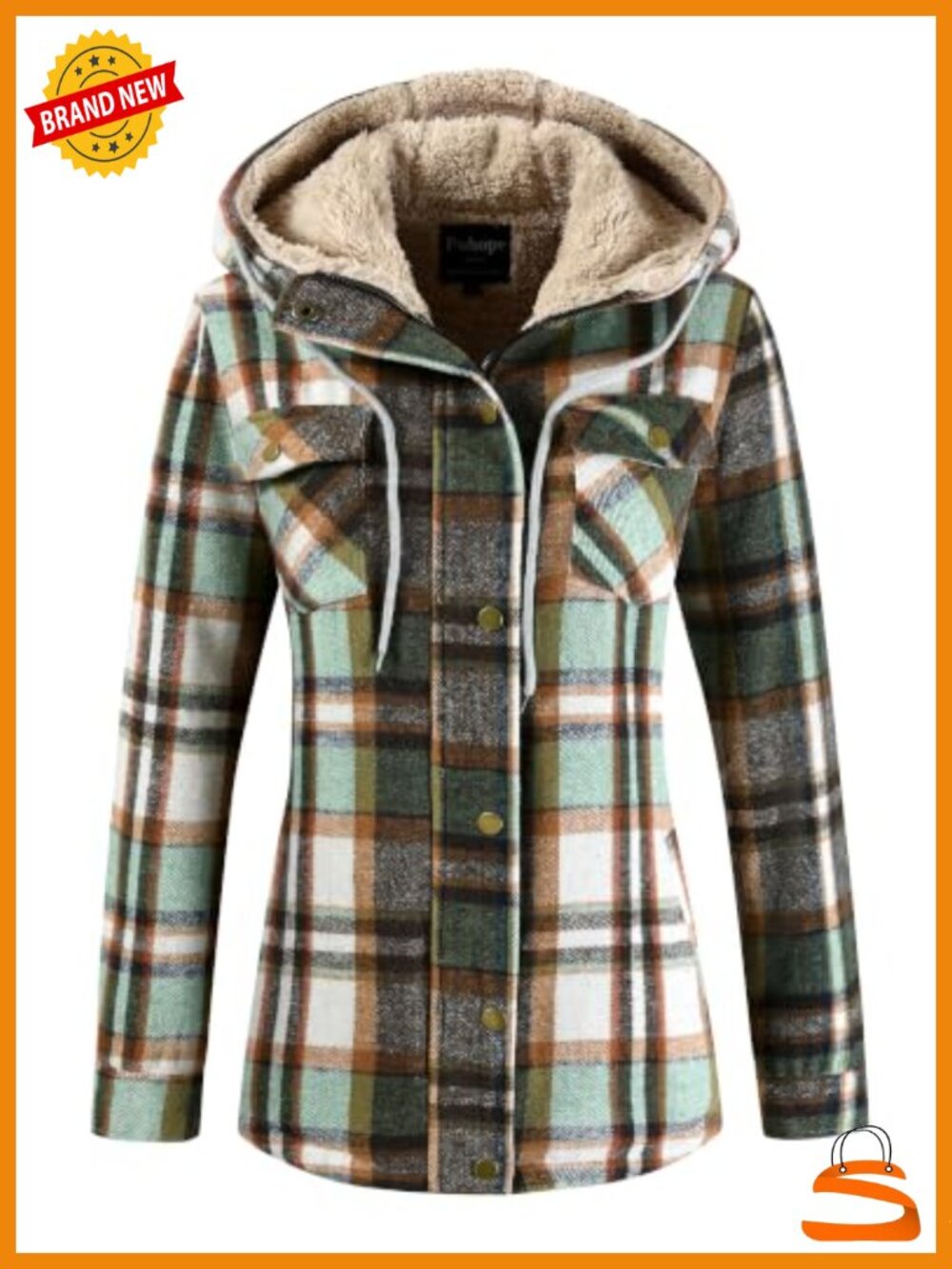 Plaid Sherpa Lined Hooded Fleece Jacket Zip Snap Winter Coat